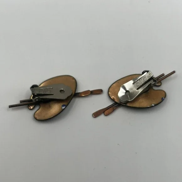 Vtg 1950's Matisse Renoir Enamel Copper Artist Palette Brooch & Clip Earrings - Picture 4 of 5